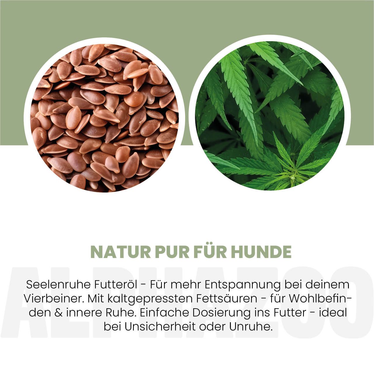 Zwei Kreise: Leinsamen und Hanfblatt. Text: Natur pur für Hunde. Seelenruhe Futteröl für Entspannung. Kaltgepresste Fettsäuren.