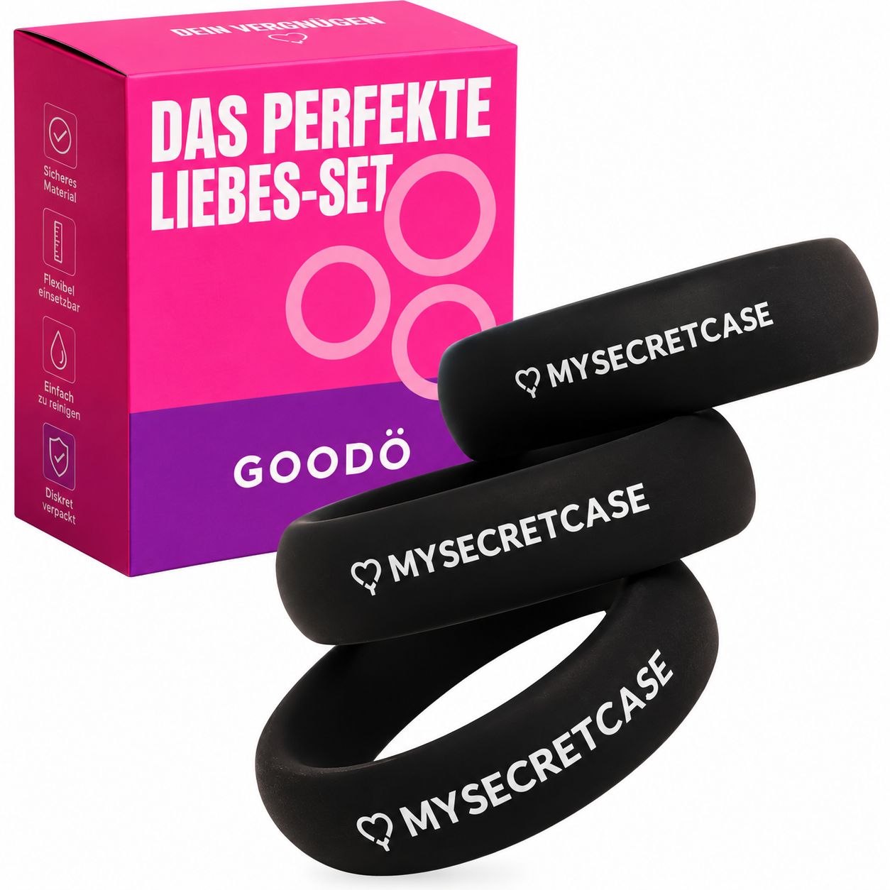 Drei schwarze Penisringe aus Silikon, Größenangaben: 1,7 cm Höhe, 5 cm, 4,5 cm, 4 cm Durchmesser.