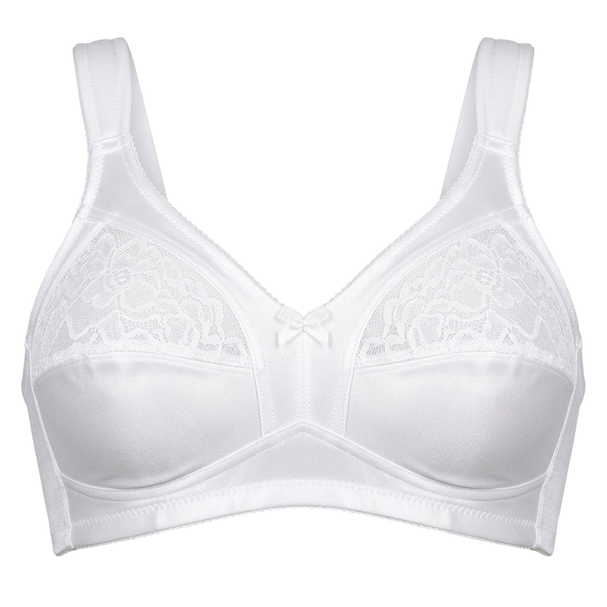 Weißer BH aus Satin und Spitze. Cup A, ohne Bügel. Frontansicht. Mit Schleife zwischen den Cups.