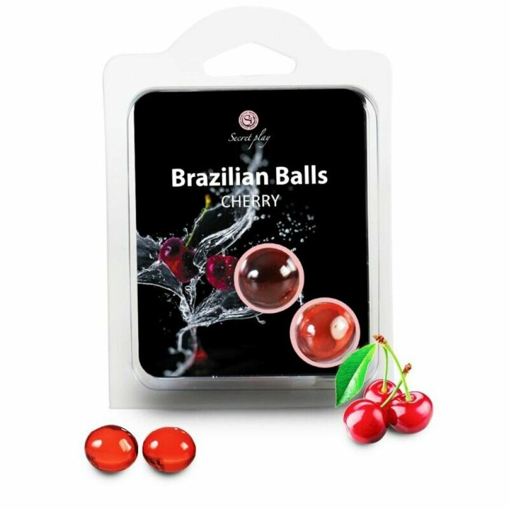 Verpackung mit zwei roten Kugeln, Kirschen und Spritzwasser-Design. Produktname: Brazilian Balls Cherry.