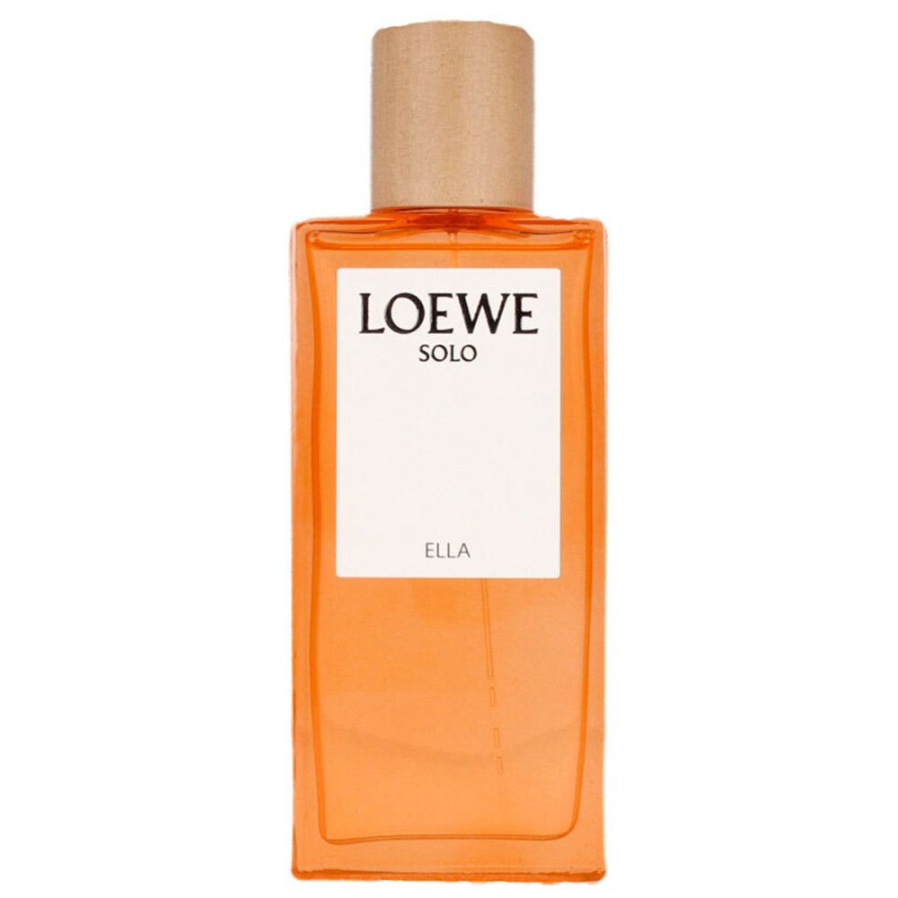 Loewe Solo Ella Flakon. Rechteckiger Flakon mit Holzdeckel. Orangefarbene Flüssigkeit sichtbar. Logo und Schrift.