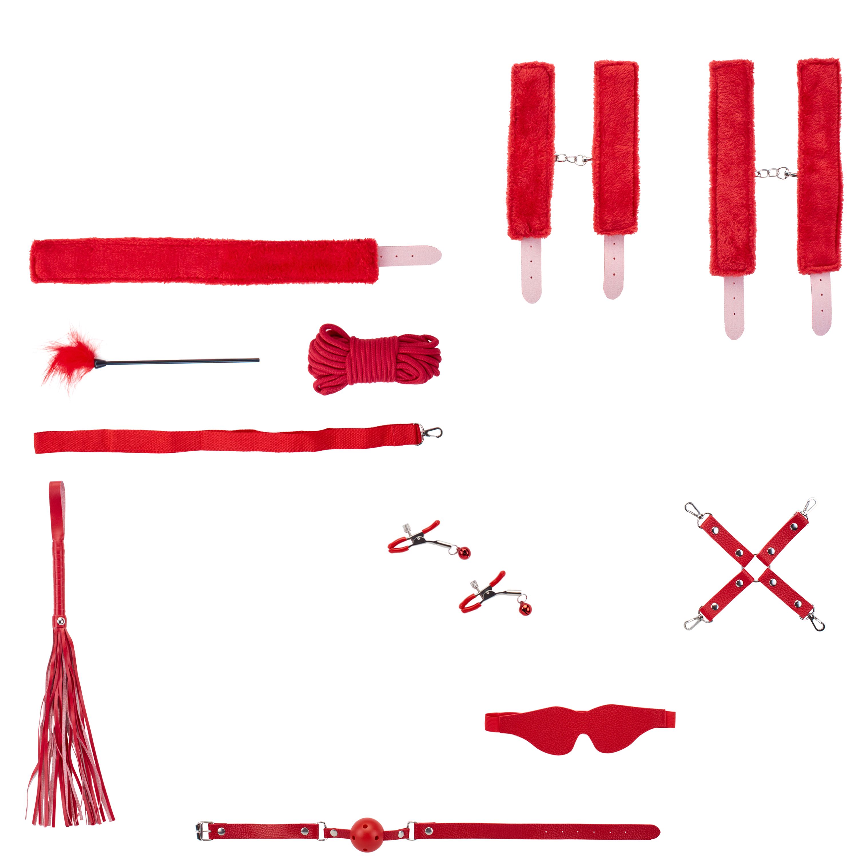 Rotes Bondage-Set. Enthält Halsband, Hand- und Fußfesseln, Peitsche, Knebel, Augenbinde, Nippelklemmen, Seil und Kreuz. Samt und Metall.
