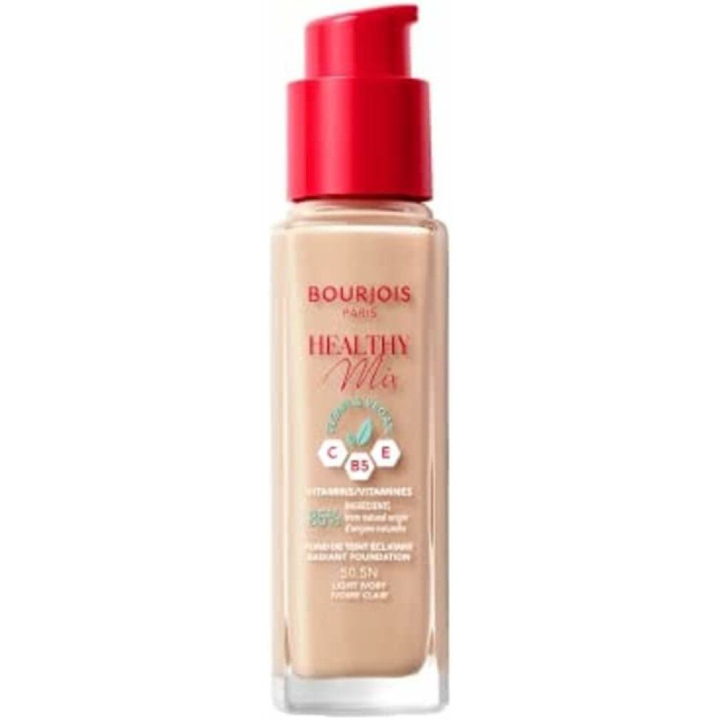 Bourjois Healthy Mix Foundation. Flasche mit rotem Pumpverschluss. Aufschrift: Healthy Mix, 50, 5N.