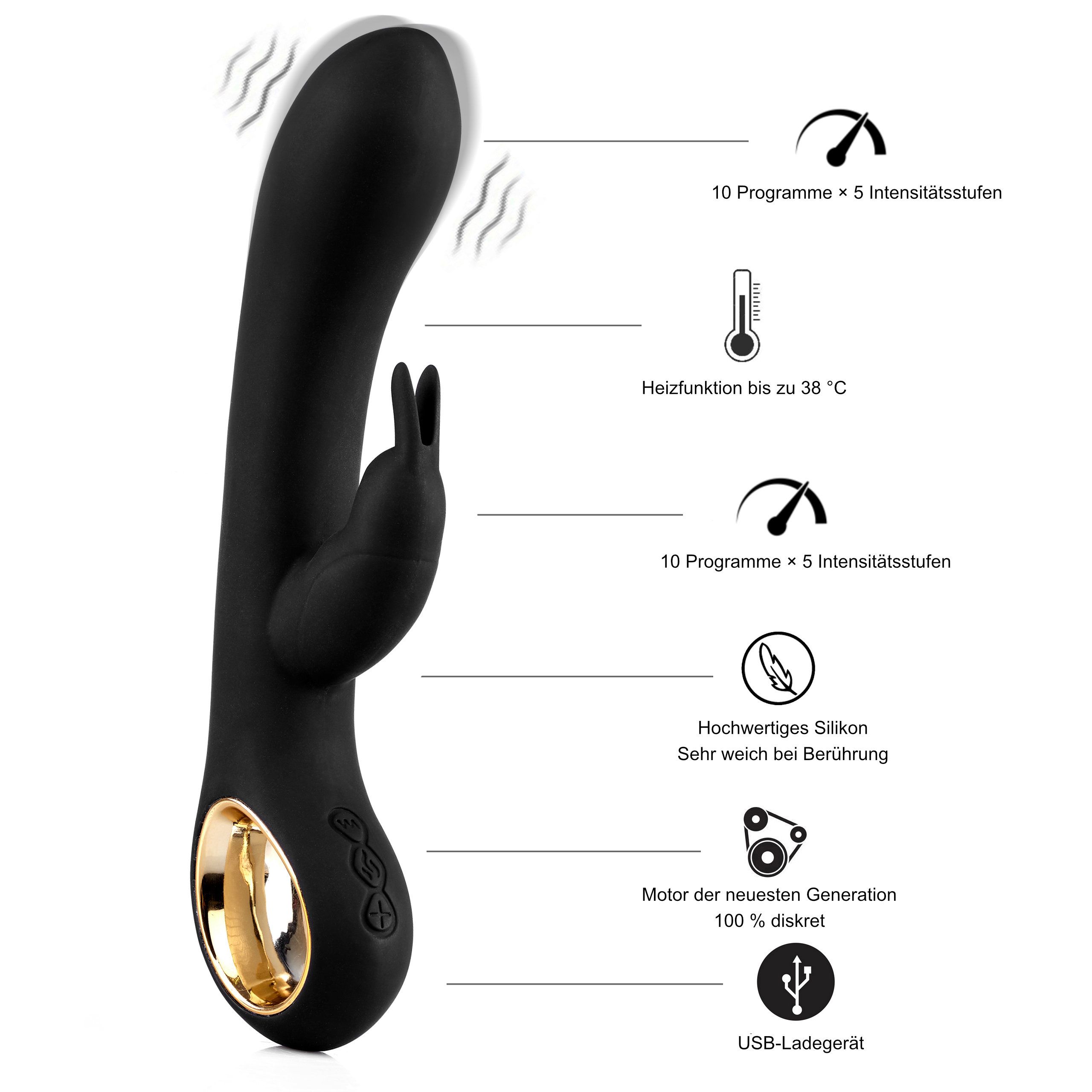 Schwarzer Rabbit Vibrator mit Wärmefunktion, 10 Programme, 5 Intensitäten, Silikon, USB.