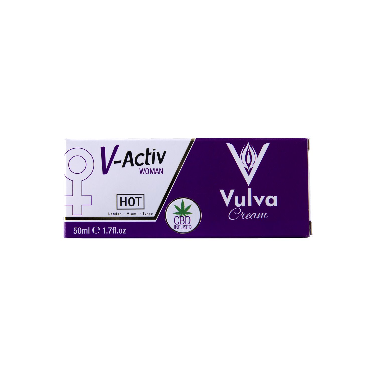 Verpackung der V-Activ Vulva Cream HOT mit CBD, 50ml.