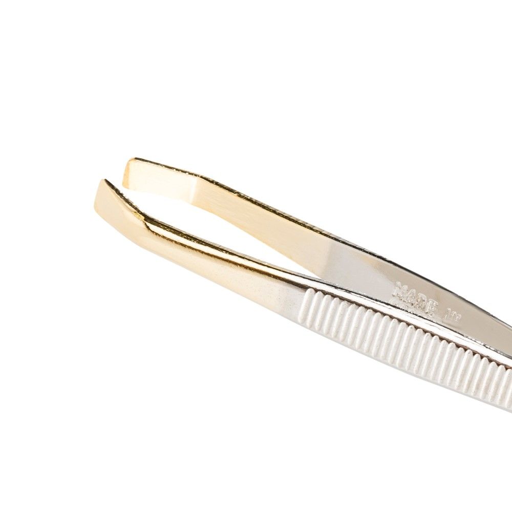 Gekröpfte Pinzette mit vergoldeter Spitze, 8 cm.
