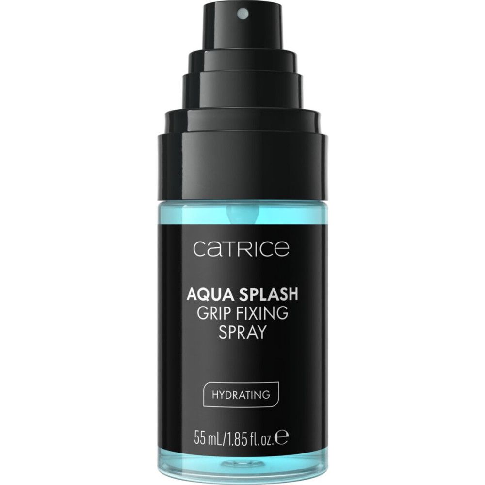 Schwarze Sprühflasche mit blauem Inhalt. Aufschrift: Catrice, Aqua Splash Grip Fixing Spray. Hydratisierend. 55 ml/1.85 fl.oz.e.