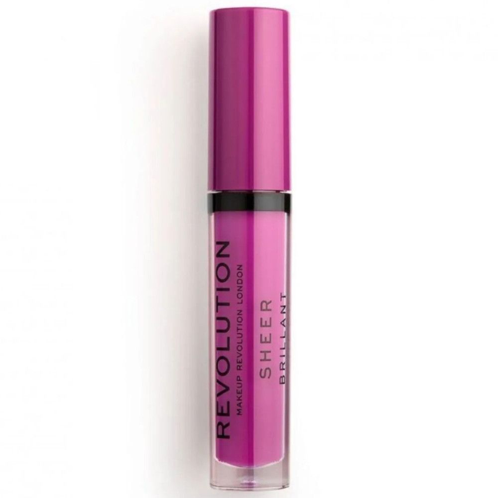 Geschlossenes Lipgloss-Fläschchen. Der Lipgloss ist pinkfarben. Auf dem Fläschchen steht "REVOLUTION SHEER BRILLANT".