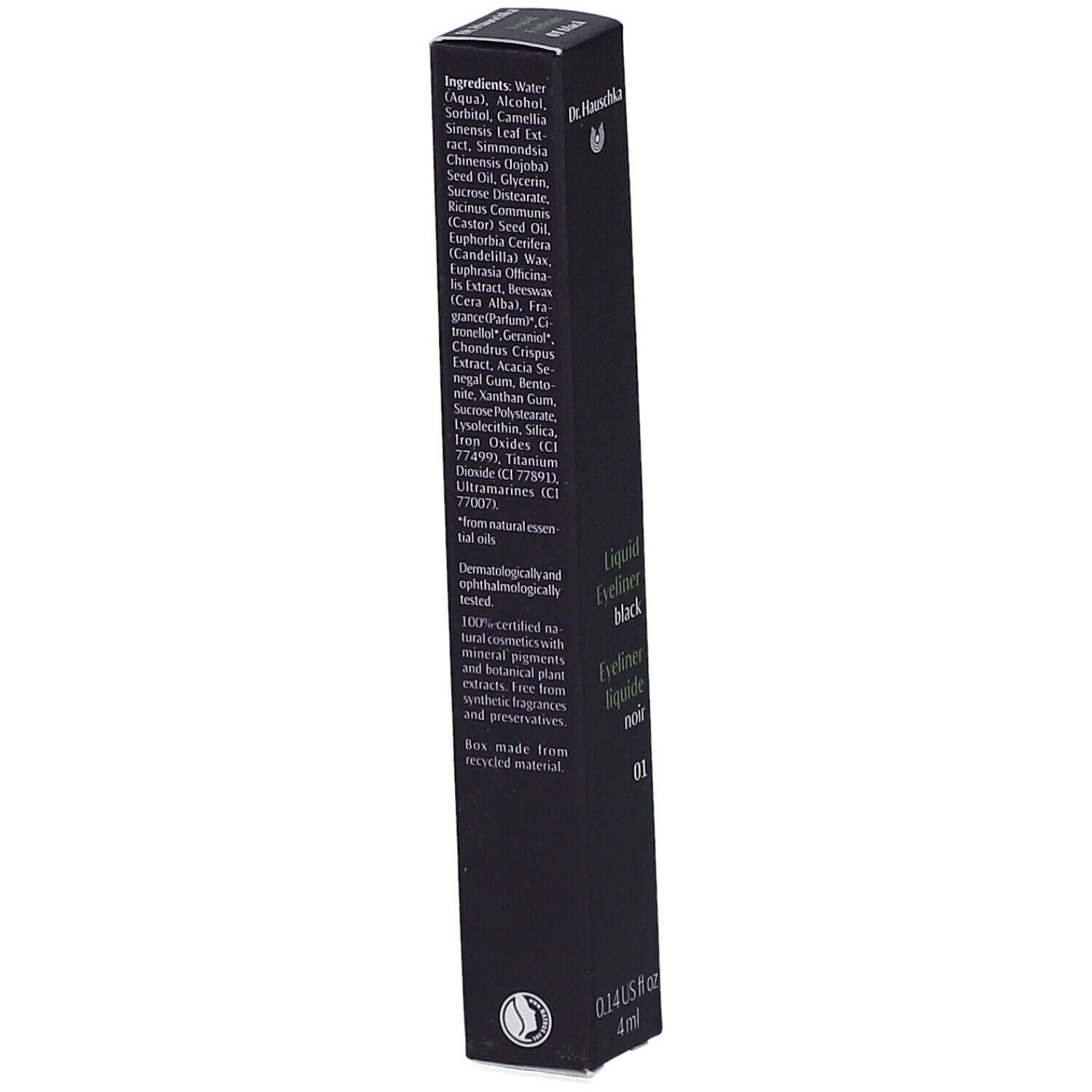 Schwarze Verpackung mit Inhaltsstoffen und Aufschrift: Liquid Eyeliner black, 01, 4 ml. Marke: Dr. Hauschka.