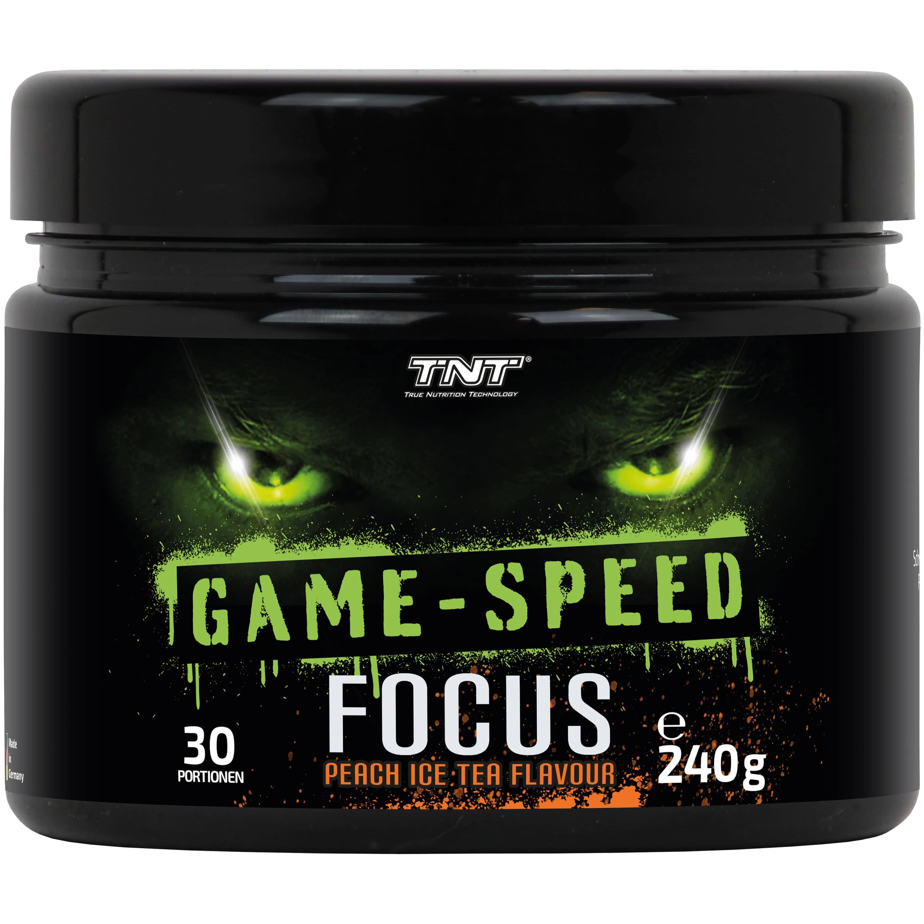 Schwarze Dose mit grünem Aufdruck. Aufschrift: GAME-SPEED FOCUS, 30 Portionen, 240g, Peach Ice Tea Flavour. TNT Logo.