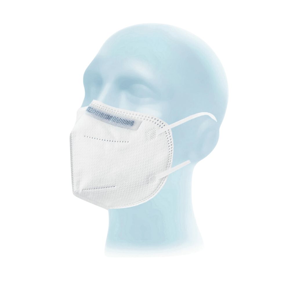 Weiße FFP2-Atemschutzmaske mit Ohrschlaufen und Nasenbügel.