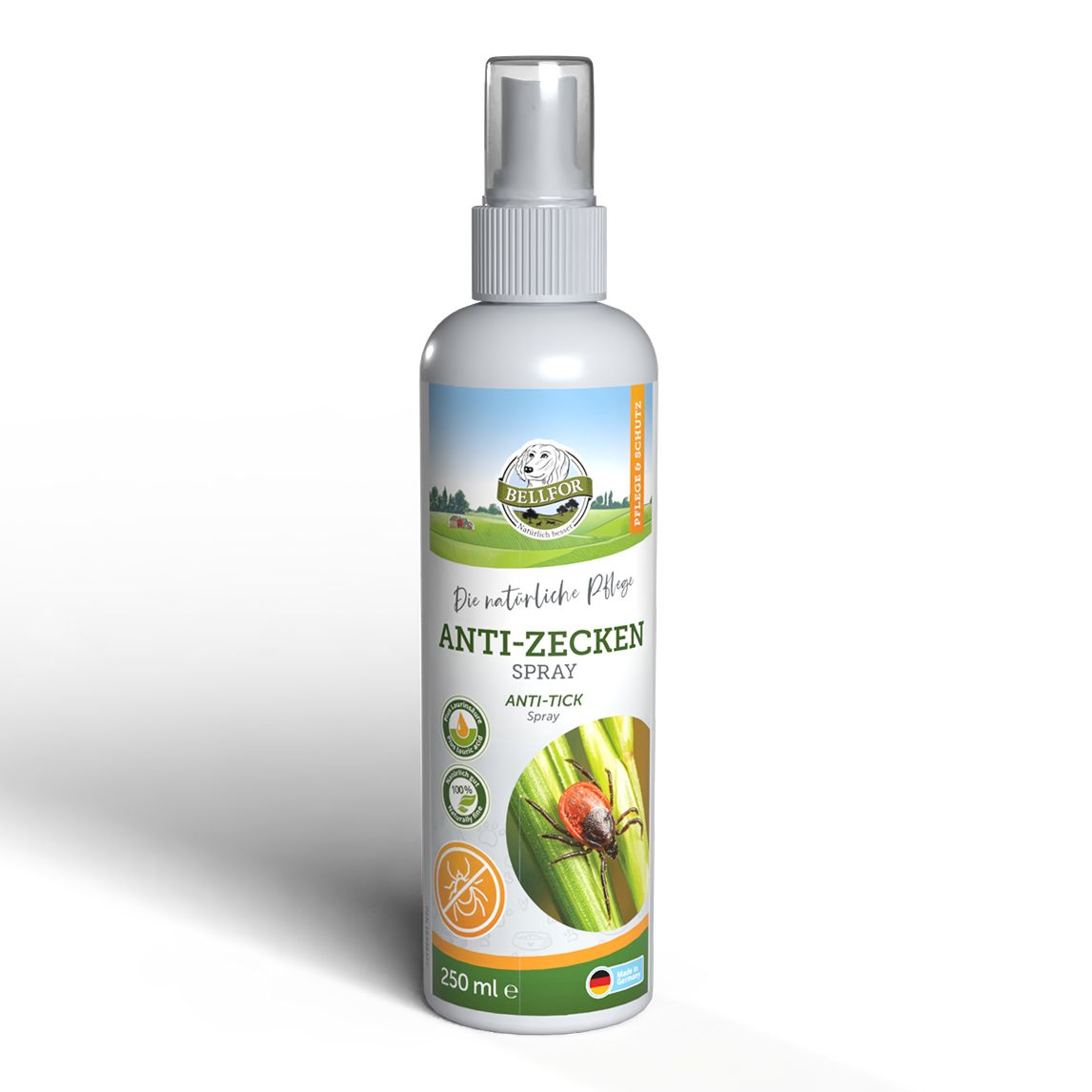Weiße Sprühflasche mit Aufschrift ANTI-ZECKEN SPRAY. Abbildung einer Zecke. 250 ml.