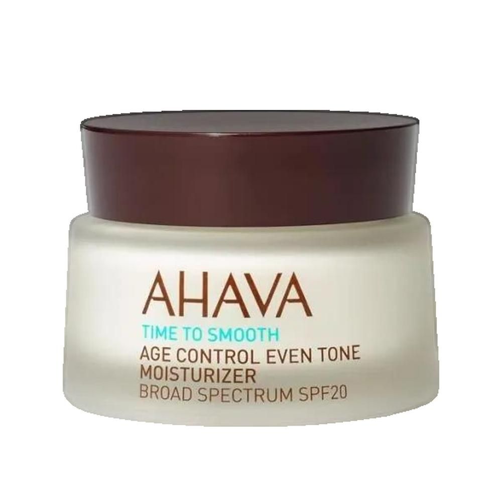 AHAVA Age Control Even Tone Moisturizer mit LSF 20. Glasbehälter mit braunem Deckel.