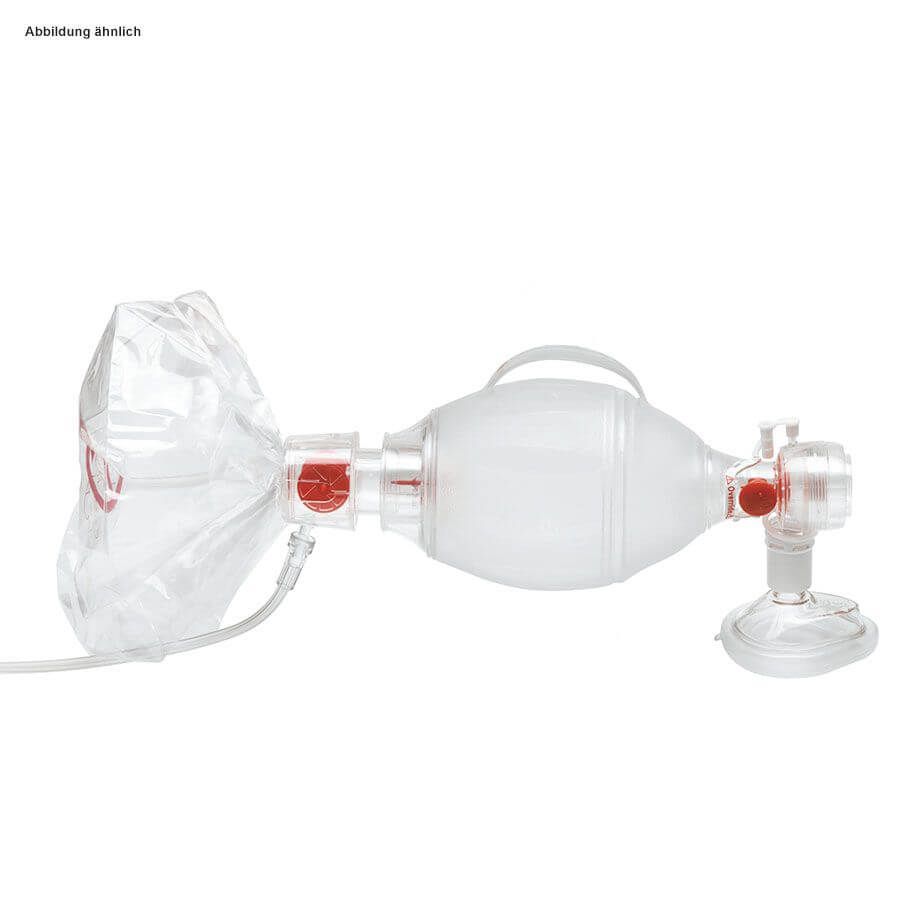 Einweg-Beatmungsbeutel-Set für Kinder mit Maske und Reservoirbeutel. Transparente Materialien, rote Ventile.
