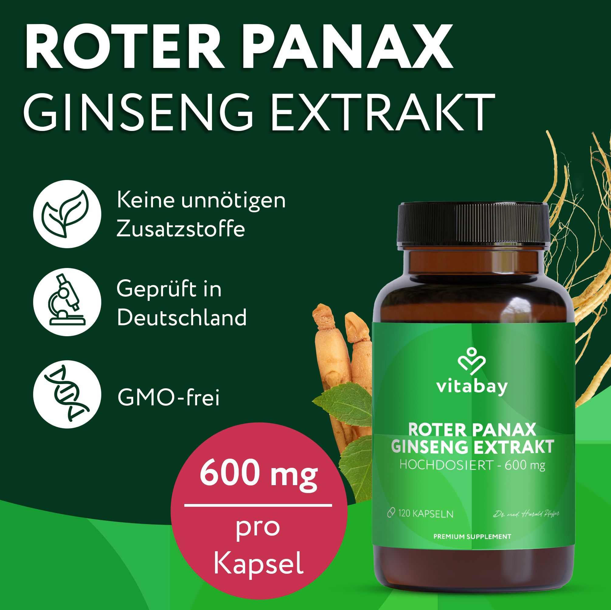 Vitabay Roter Panax Ginseng Extrakt: Keine Zusatzstoffe, geprüft in Deutschland, GMO-frei.