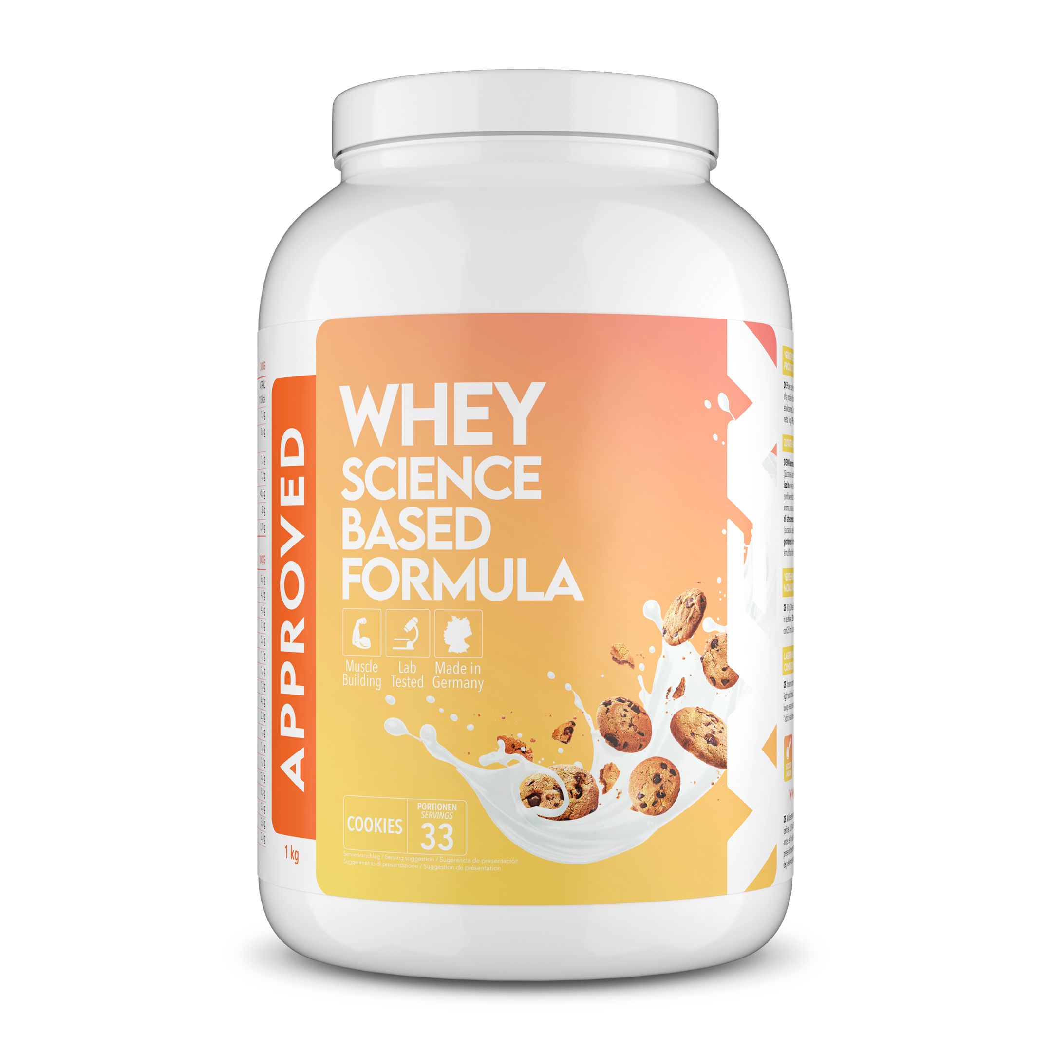 Weißes Whey-Protein-Pulver in Dose. Aufschrift: WHEY SCIENCE BASED FORMULA. 33 Portionen. Kekse und Milch spritzen.