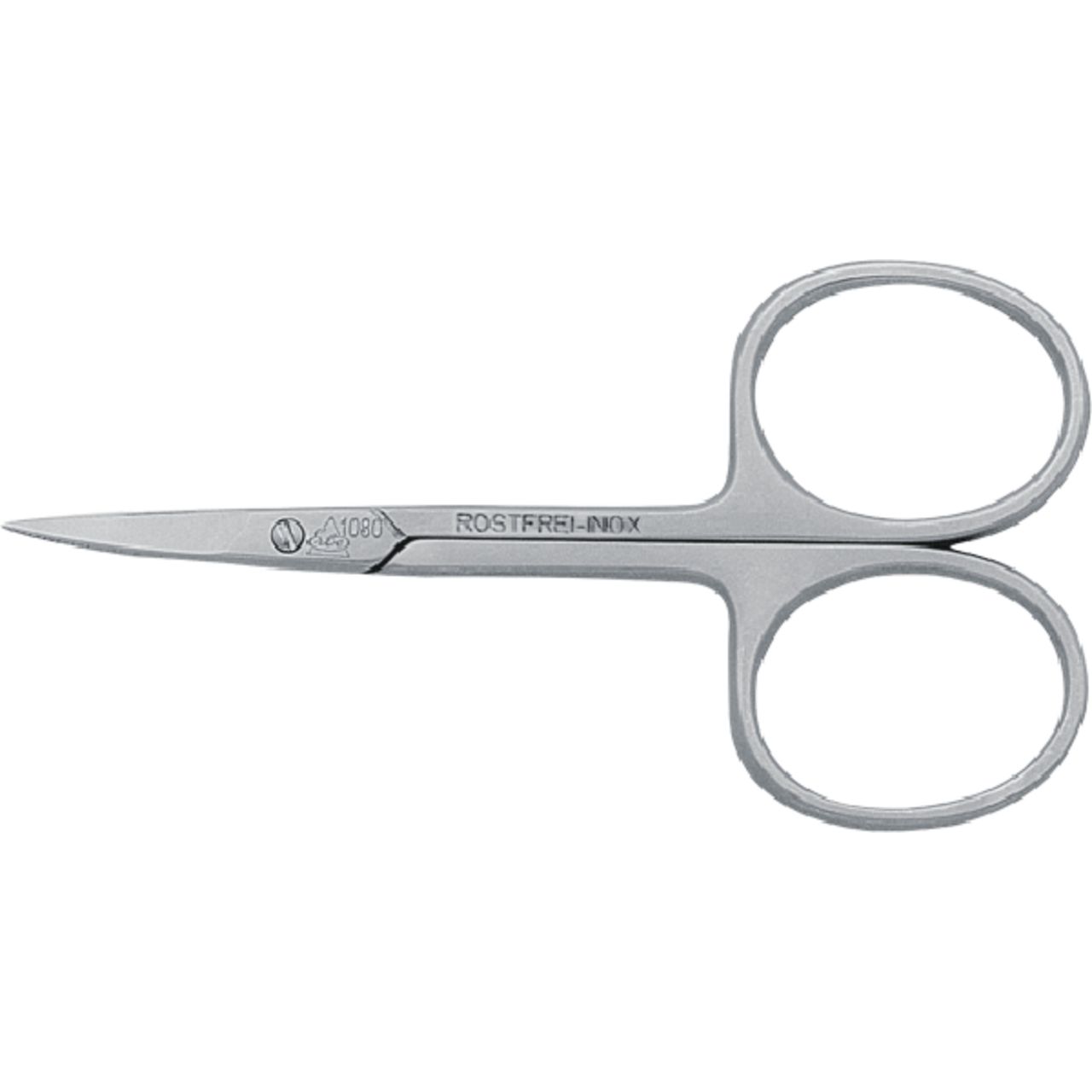Kleine, gebogene Edelstahlschere mit spitzer Klinge und zwei Fingerringen. Rostfrei-Inox-Markierung sichtbar.