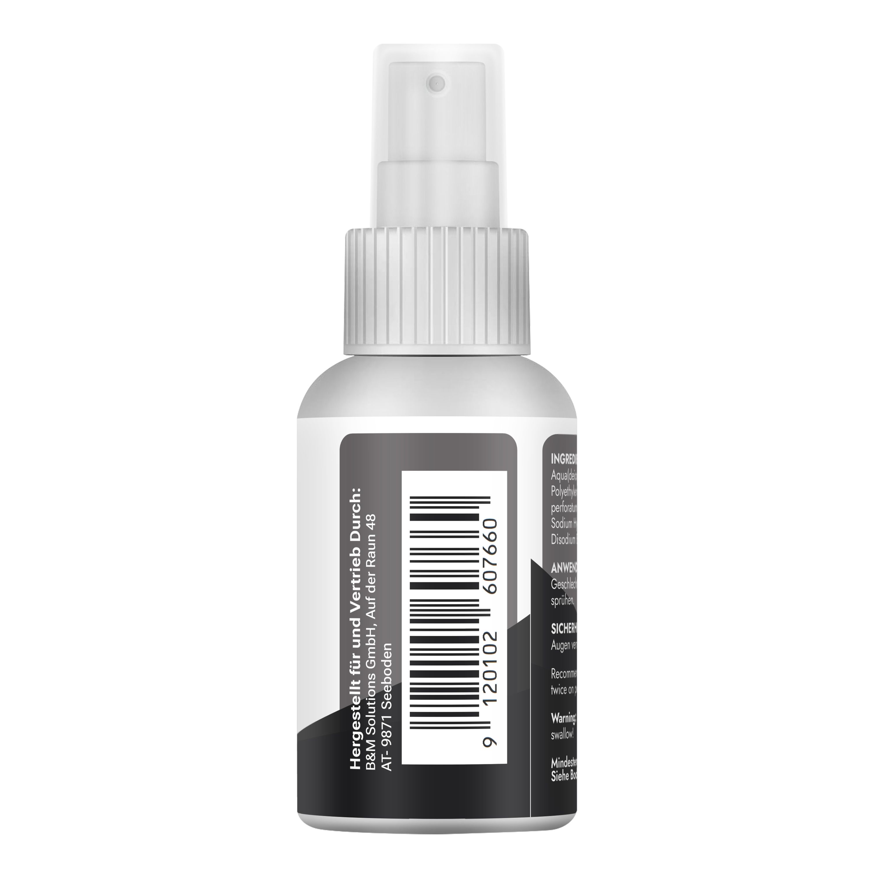 Rückseite eines Sprühflakons 'Longer Love Spray' mit Barcode und Herstellerinformationen auf schwarzem Etikett.