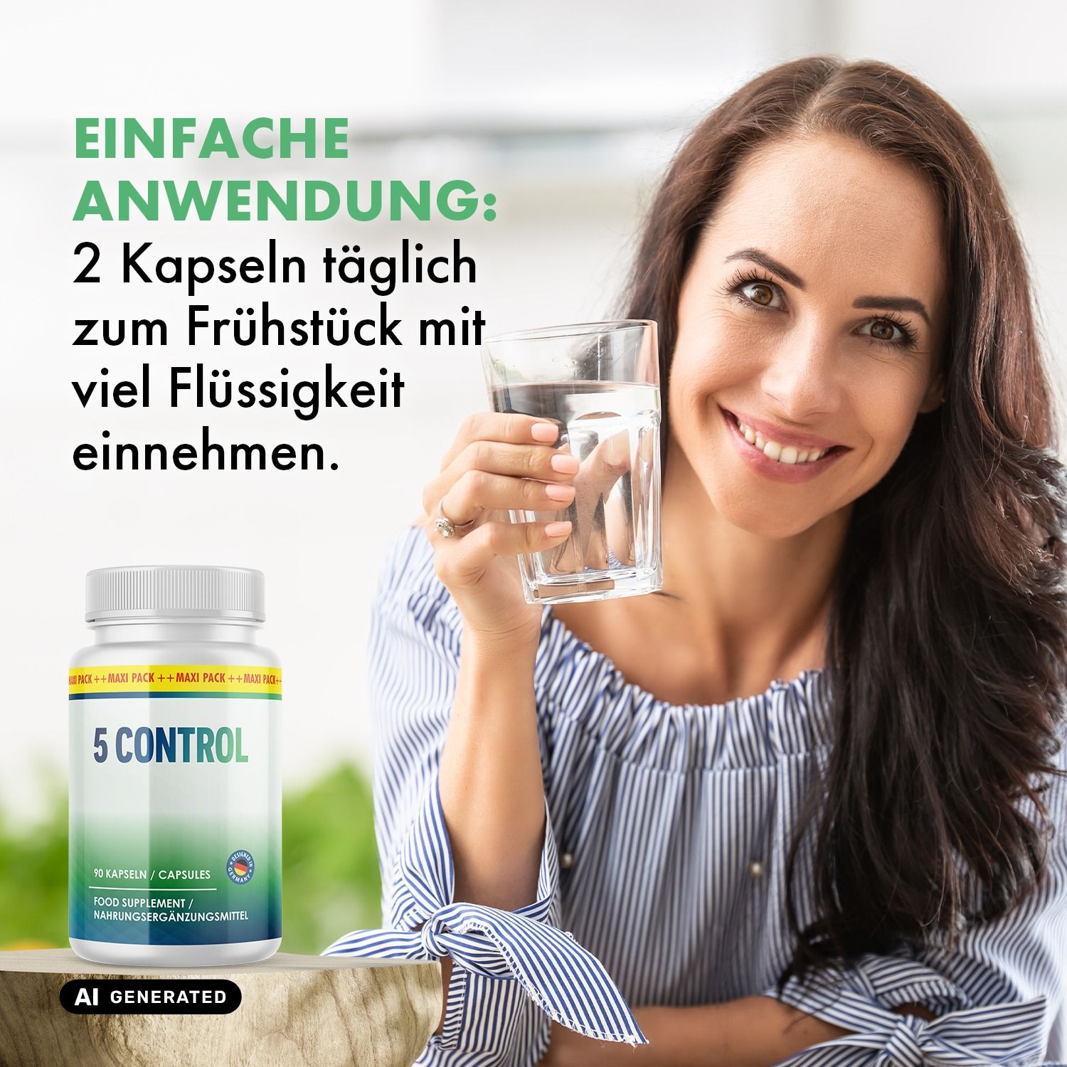 Frau hält ein Glas Wasser neben einer Dose '5 CONTROL' Kapseln, 90 Stück, Nahrungsergänzungsmittel.