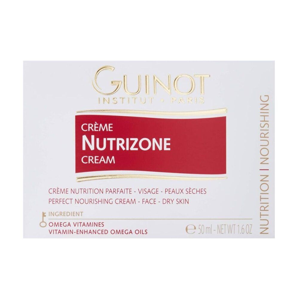 Verpackung der Creme. Guinot Nutrizone Creme. Weiß, roter Schriftzug. Text: Crème Nutrizone, Peaux sèches. Goldener Schriftzug.
