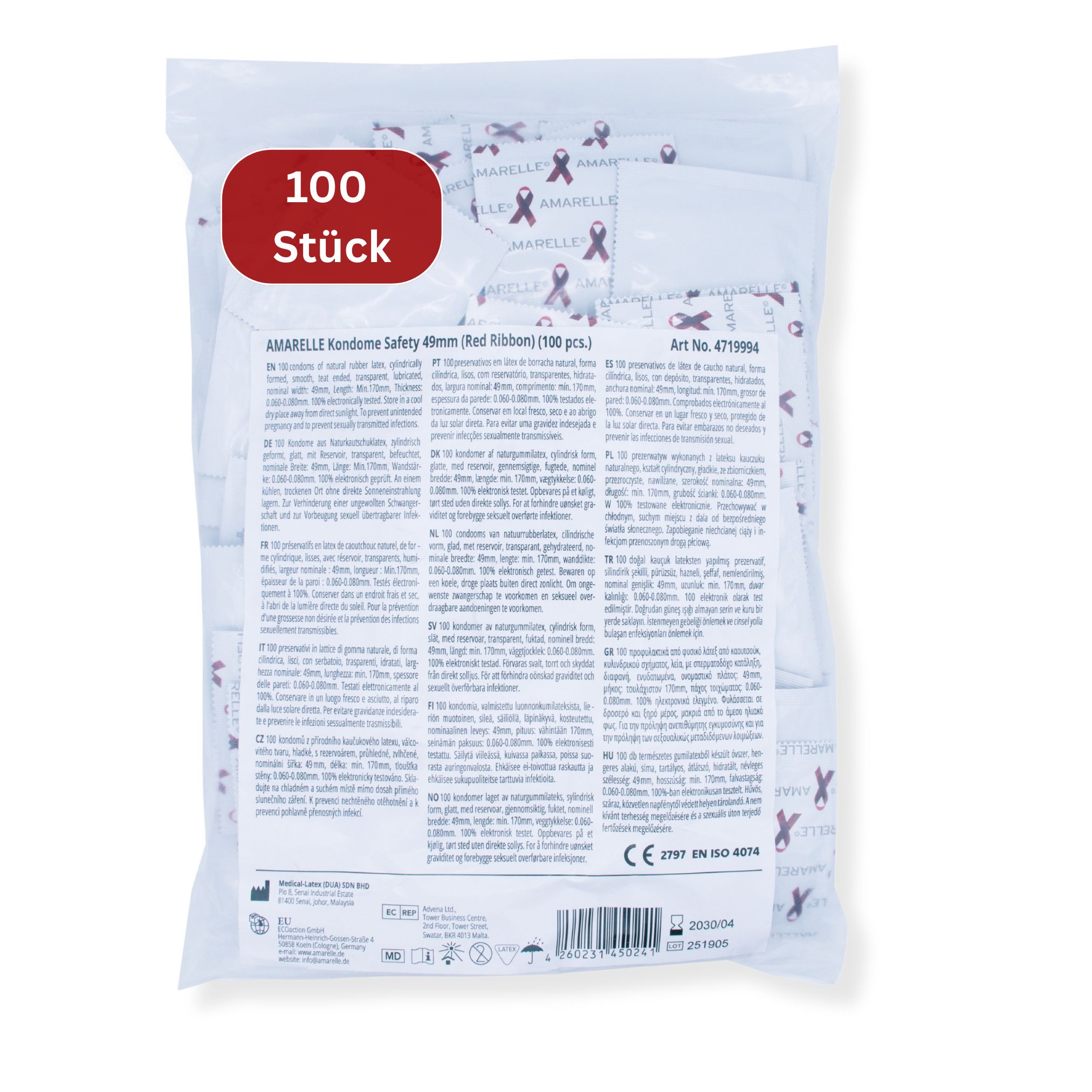 Transparente Verpackung mit Kondomen. Roter Aufkleber mit "100 Stück". Text: Amarelle Kondome Safety 49mm (Red Ribbon).