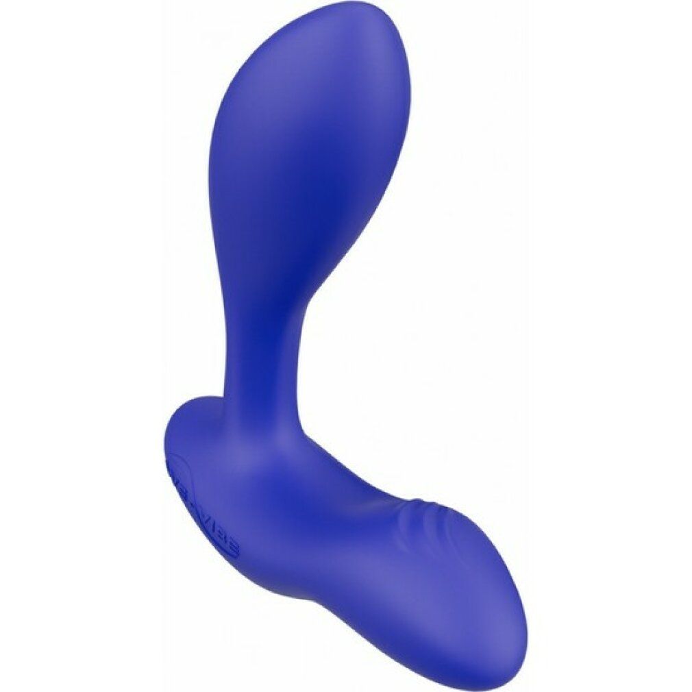 Blauer Analvibrator. Gebogene Form mit zwei Enden und einem gebogenen Stiel. Glatte Oberfläche.