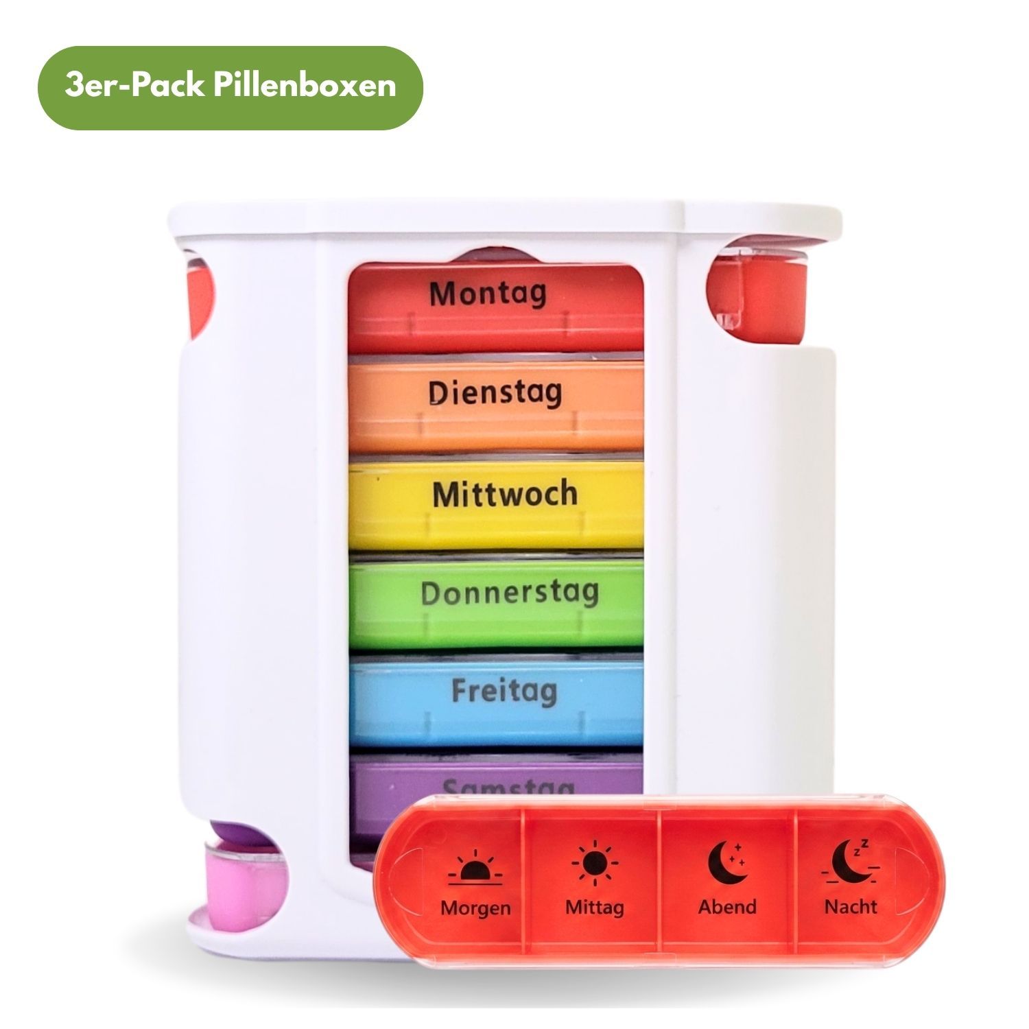 Weiße 7-Tage-Tablettenbox mit farbigen Fächern für die Wochentage. Rote Einzelbox unten.