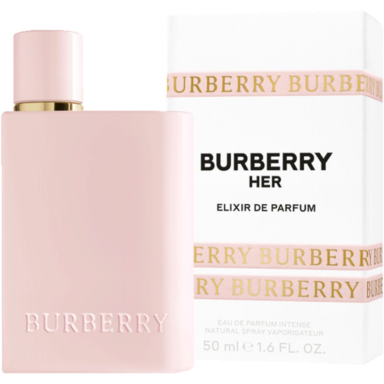 Rosa Burberry Her Elixir Flakon und Verpackung. Flakon mit goldener Kappe. Verpackung mit Burberry-Schriftzug.