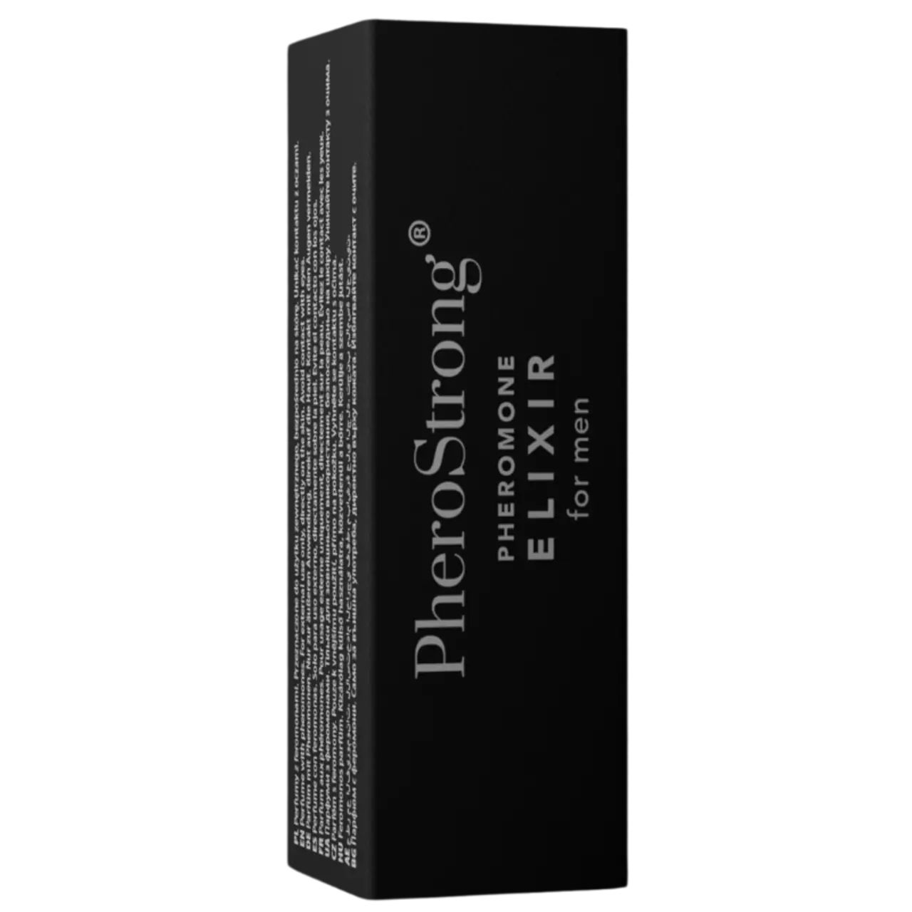 Schwarze Produktverpackung. Aufschrift: PheroStrong ELIXIR for men. Text auf der Seite. Rechteckige Form.