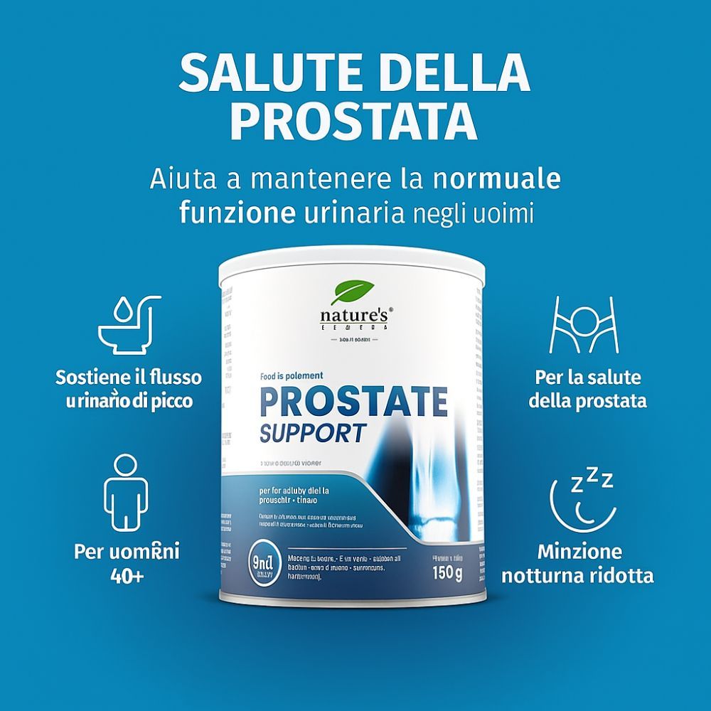 Dose mit Nahrungsergänzungsmittel. Aufschrift: Prostate Support. Enthält 9 Inhaltsstoffe. Vegan & zuckerfrei. 150g.