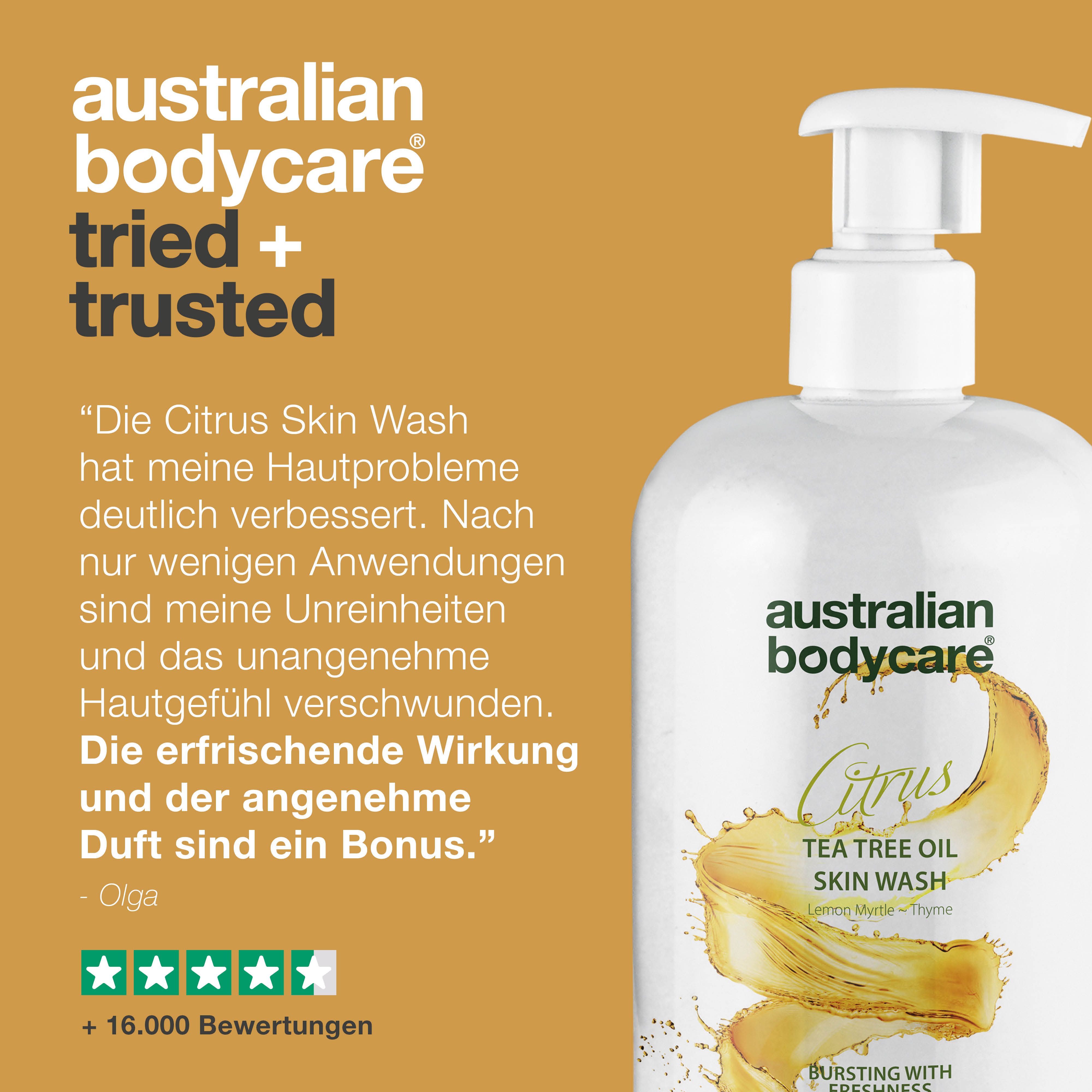 Flasche Australian Bodycare Citrus Skin Wash. Text: Die Citrus Skin Wash hat meine Hautprobleme verbessert.