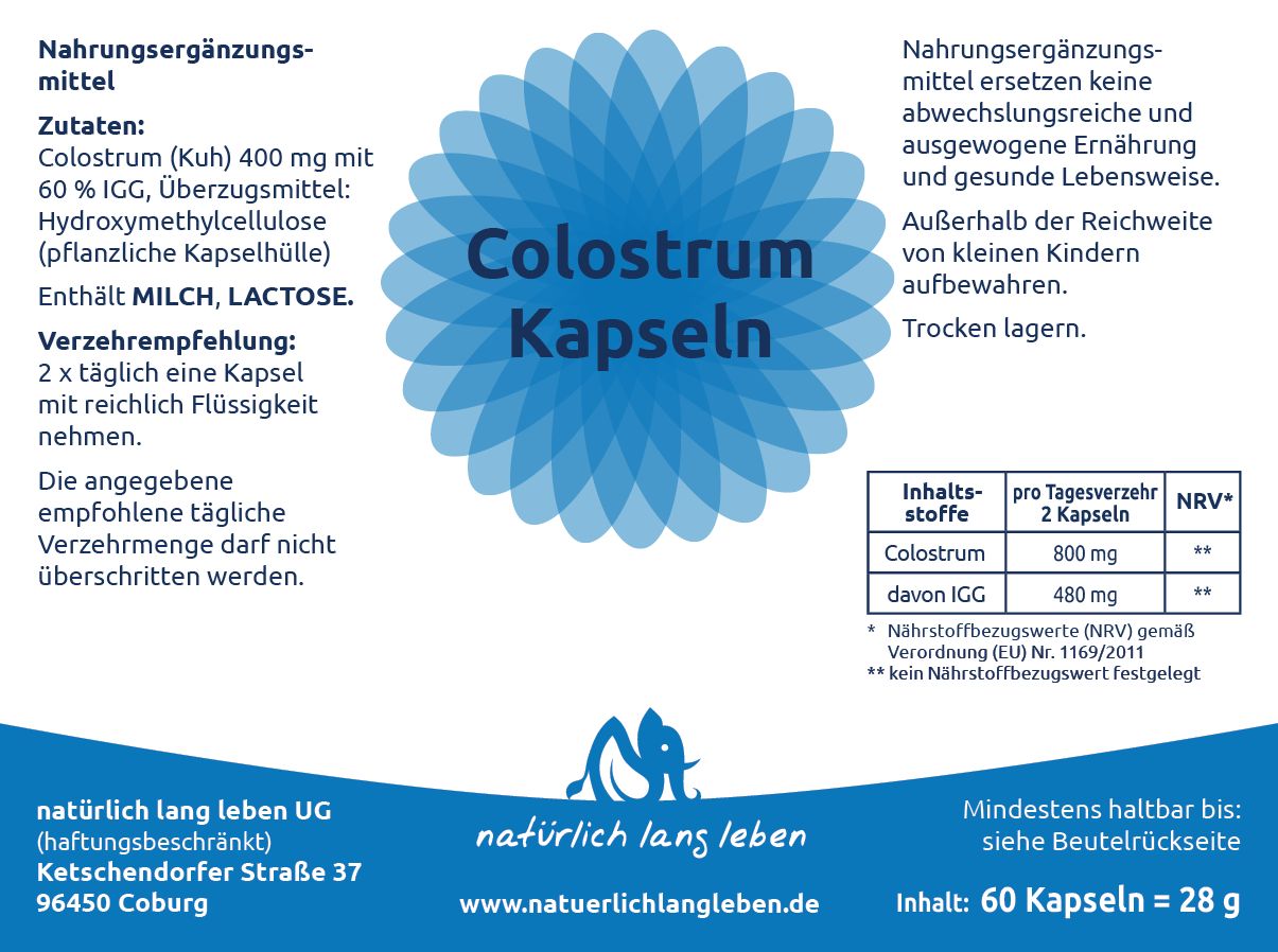Etikett mit Produktinformationen für Colostrum Kapseln 400 mg, 60 Kapseln.