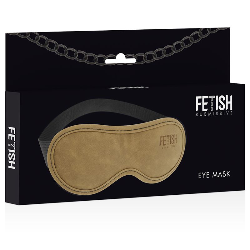 Augenmaske aus beigem Kunstleder mit schwarzem Gummiband. Auf der Maske und der Verpackung steht "FETISH SUBMISSIVE". Schwarze Verpackung mit Kette.