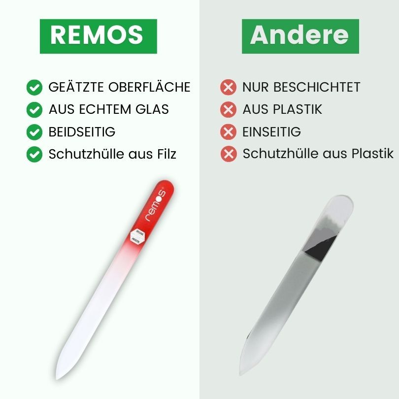 Vergleich: Glasnagelfeile vs. andere. Glasnagelfeile: geätzte Oberfläche, Echtglas, beidseitig, Schutzhülle aus Filz.