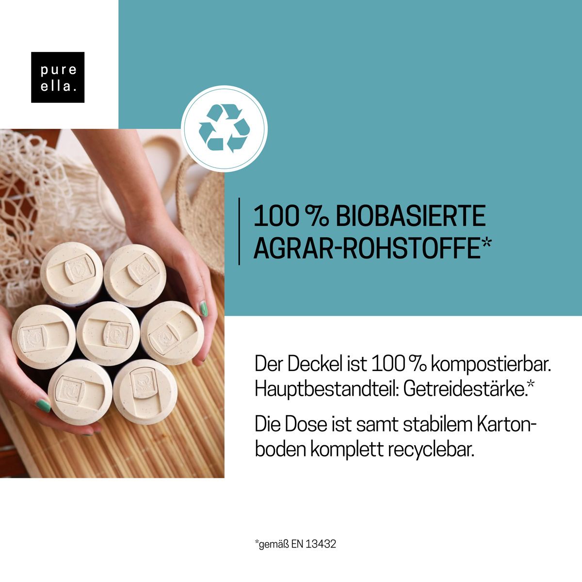 Hände halten sechs Kapselbehälter. Text: 100% biobasierte Agrar-Rohstoffe. Deckel kompostierbar. Dose recyclebar.