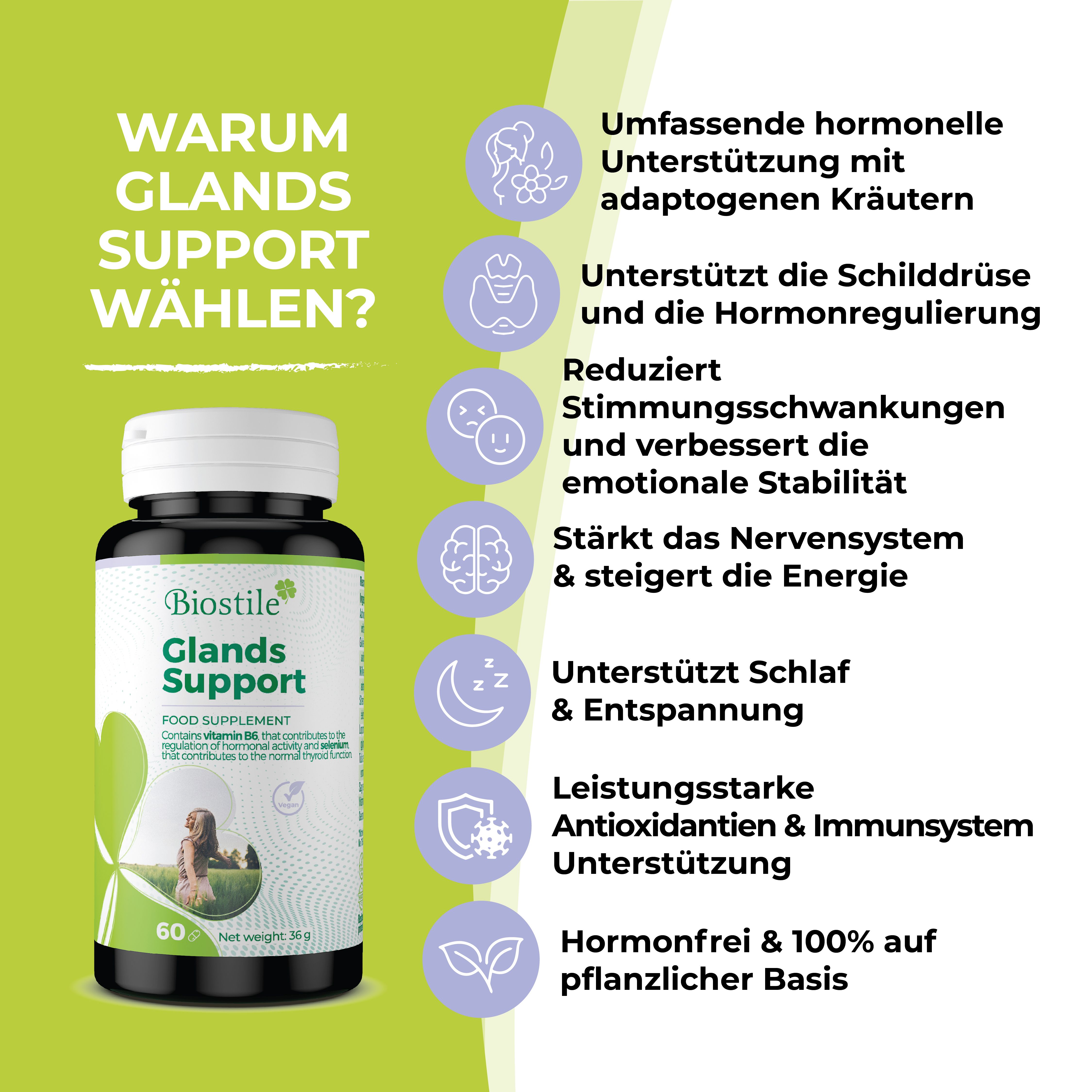 Biostile Glands Support Flasche. Text: Warum Glands Support wählen? Vorteile aufgelistet.