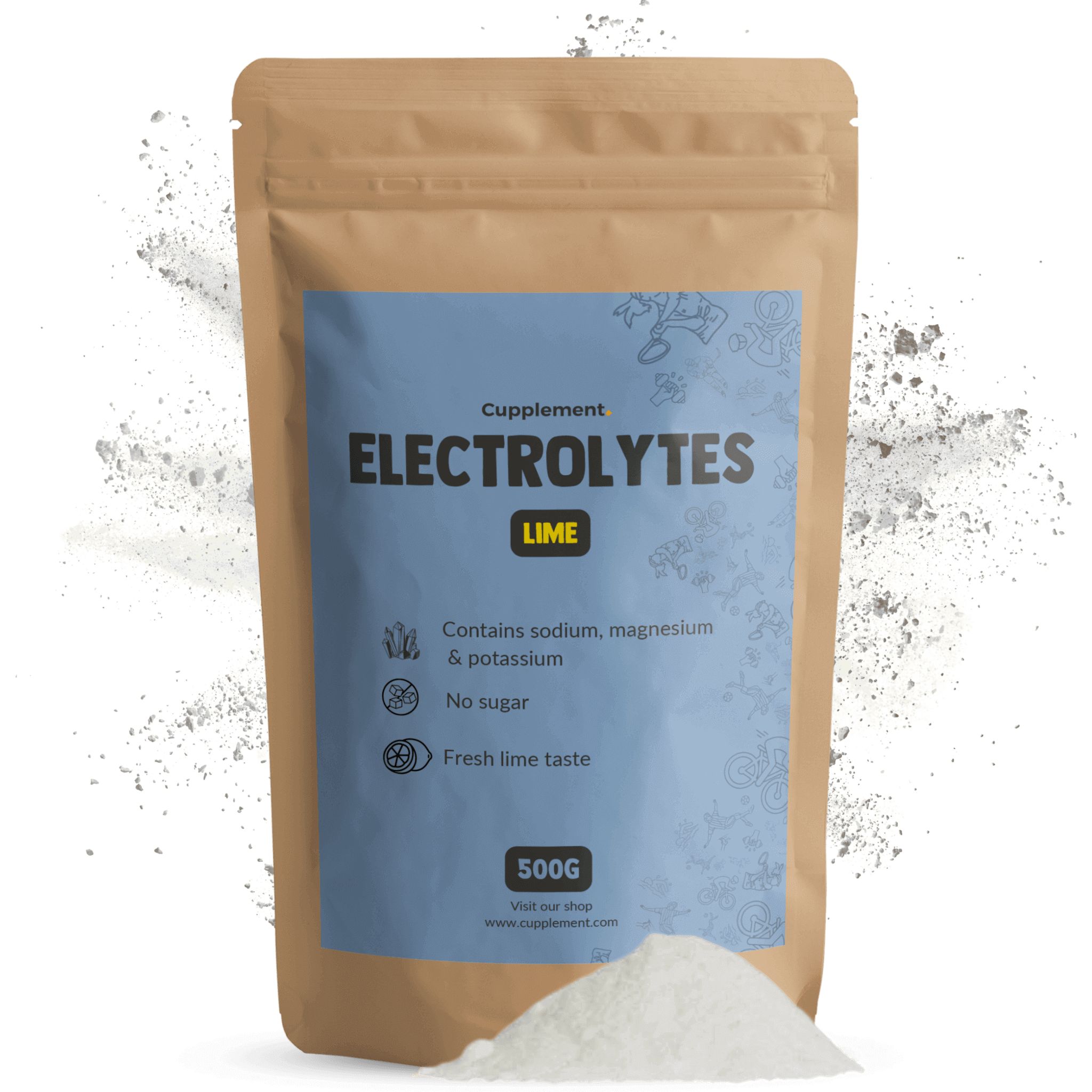 Beutel mit Cupplement Elektrolyte Lime. Enthält Natrium, Magnesium & Kalium. 500g. Kein Zucker. Zitronengeschmack.