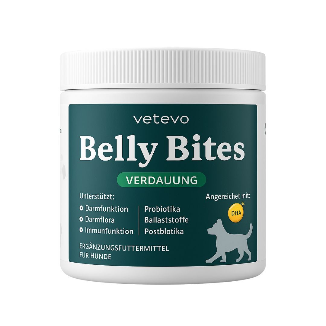 Weiße Dose mit grünem Etikett. Aufschrift: Belly Bites, Verdauung. Enthält Probiotika, Ballaststoffe, Postbiotika. Ergänzungsfuttermittel.