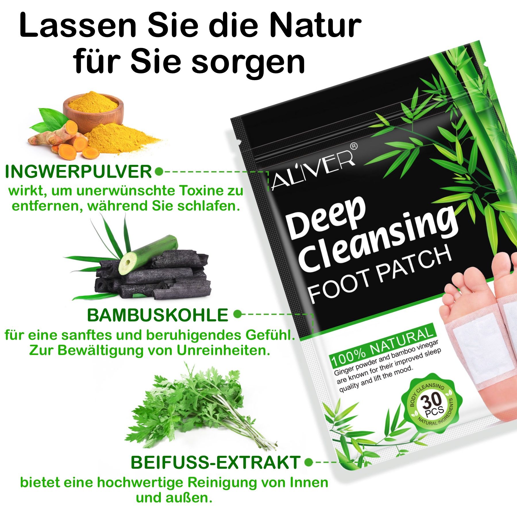ALIVER Fußpflaster mit Zutaten wie Ingwer, Bambuskohle und Beifuß-Extrakt. Text und Produktabbildung.
