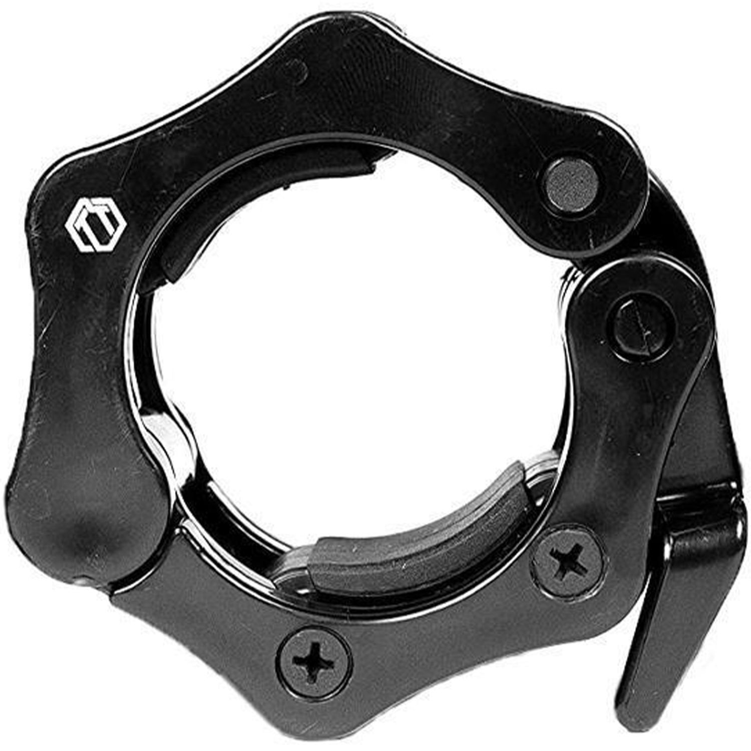 Schwarzer Schnellverschluss für Hantelstangen. Runde Form mit Schrauben und Hebel. Logo.