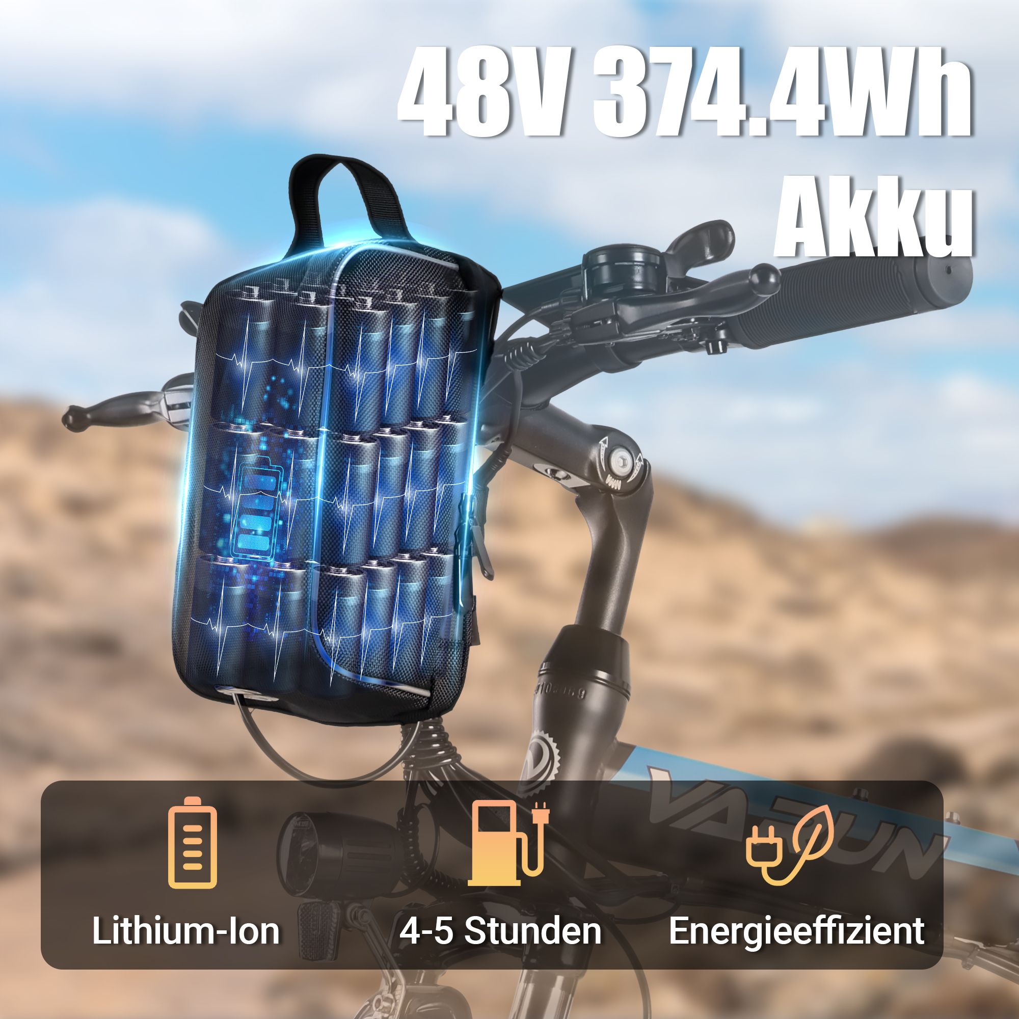 E-Bike-Akku 48V 374,4Wh. Lithium-Ionen-Akku. Ladezeit 4-5 Stunden. Energieeffizient. Akku-Pack am Lenker.