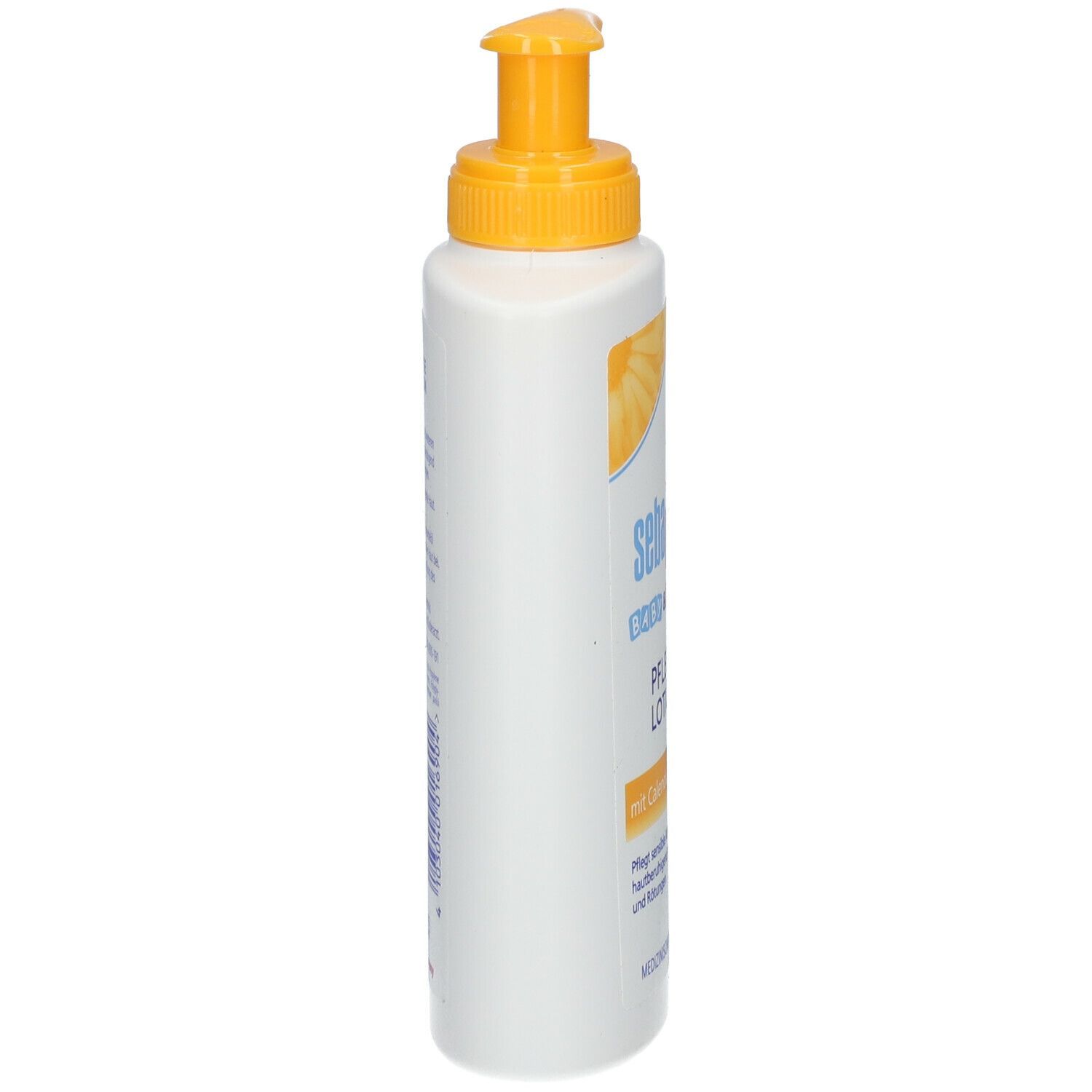Weiße Flasche mit gelbem Pumpkopf. Aufschrift: sebamed BABY & KIND PFLEGE LOTION. Seite mit Text.