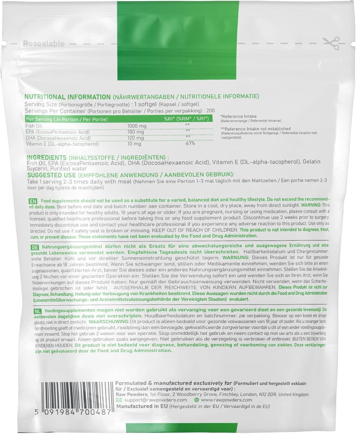 Rückseite einer Verpackung mit Nährwertangaben für Omega-3 Kapseln.