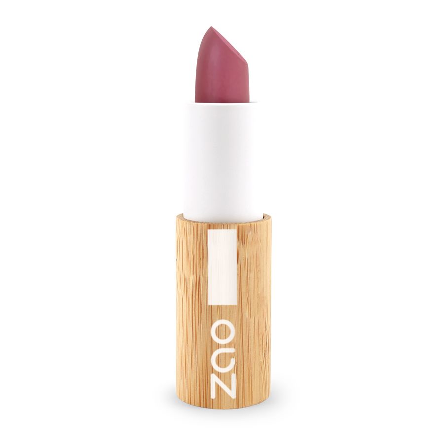 Lippenstift mit rosafarbenem Stift. Weißer Stift, Holz-Hülle mit ZAO-Logo. Aufschrift: ZAO.