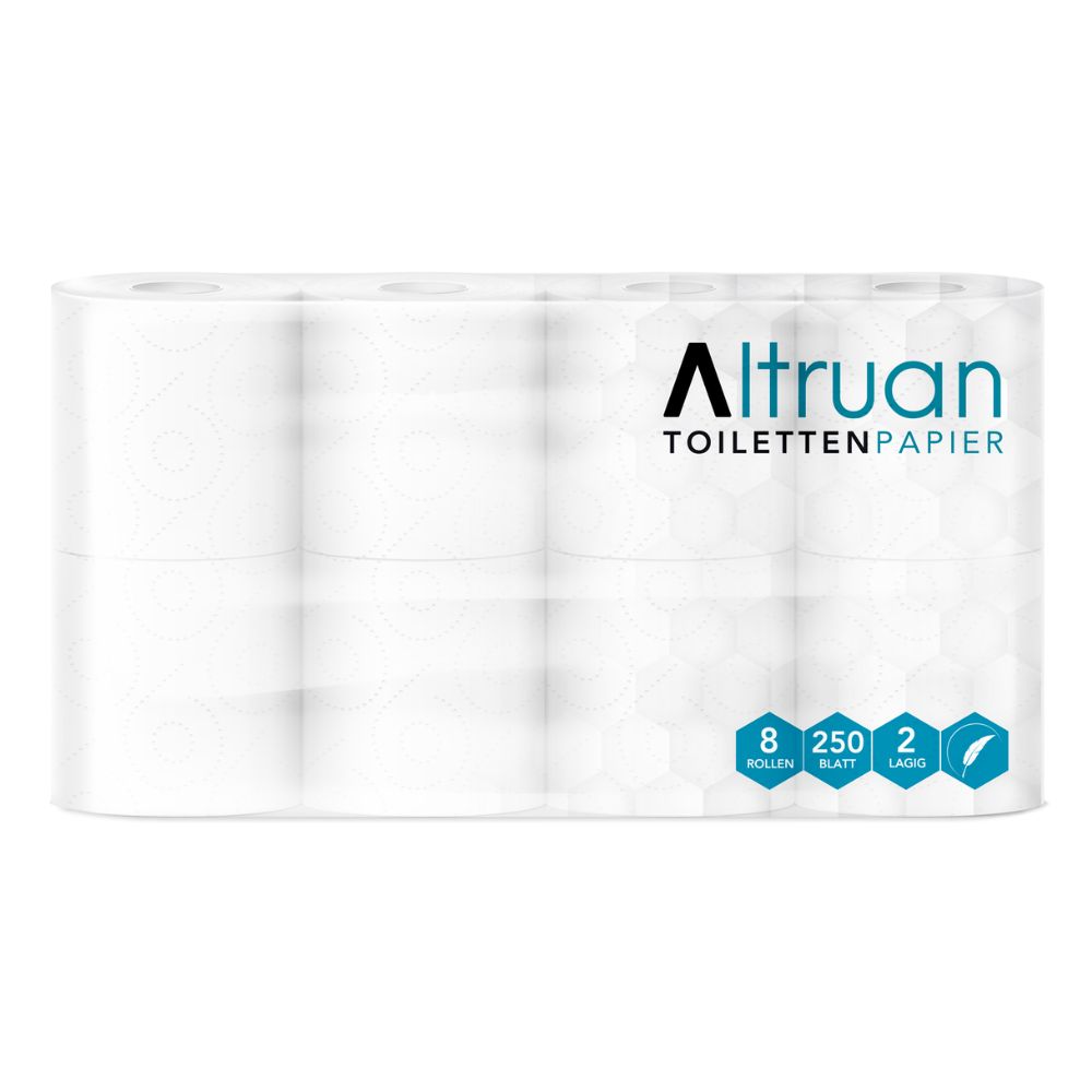 Verpackung mit 8 Rollen Toilettenpapier, 250 Blatt pro Rolle, 2-lagig.