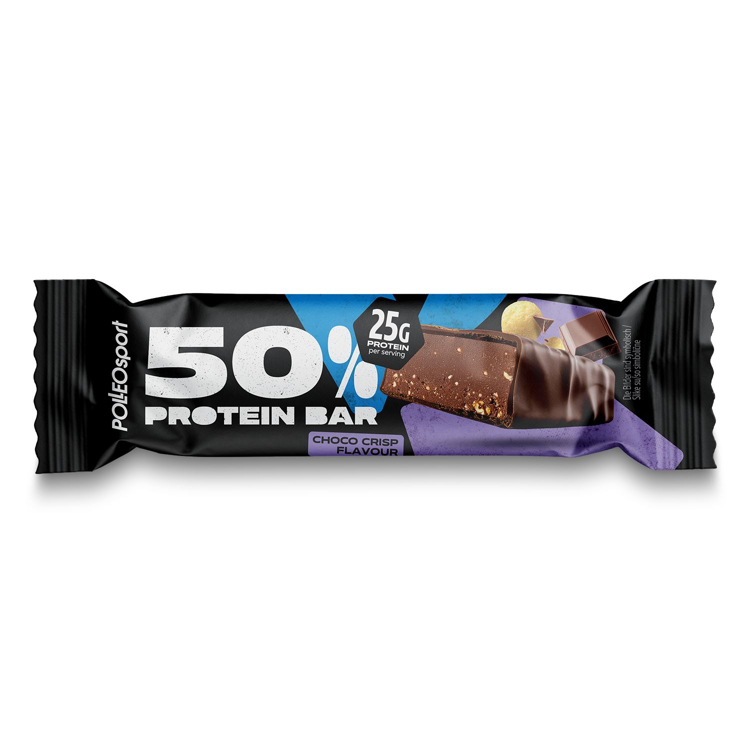 Proteinriegel 50% Protein. Schwarze Verpackung. Schoko-Crisp-Geschmack. Marke: Polleo Sport. 25g Protein pro Portion.
