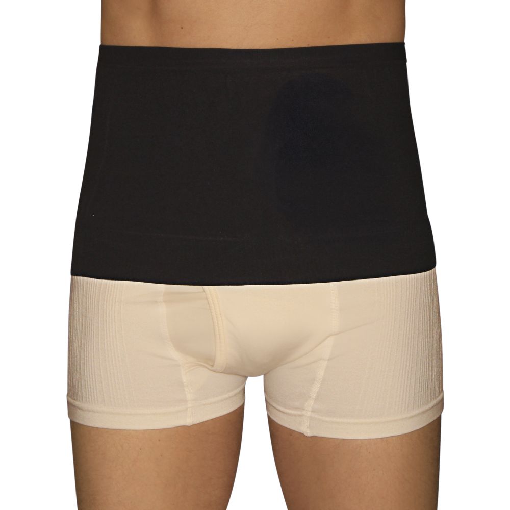 Schwarze Bauchbinde über Unterwäsche. Blick von vorne. Beige Unterwäsche sichtbar.