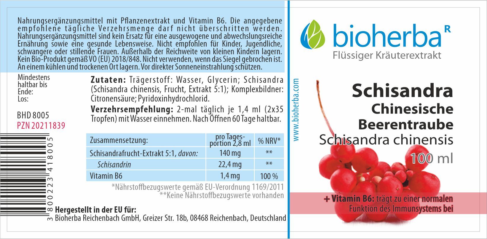 Etikett mit Produktinformationen. Enthält Text, Inhaltsstoffe und Nährwertangaben. Bioherba Schisandra Chinesische Beerentraube.