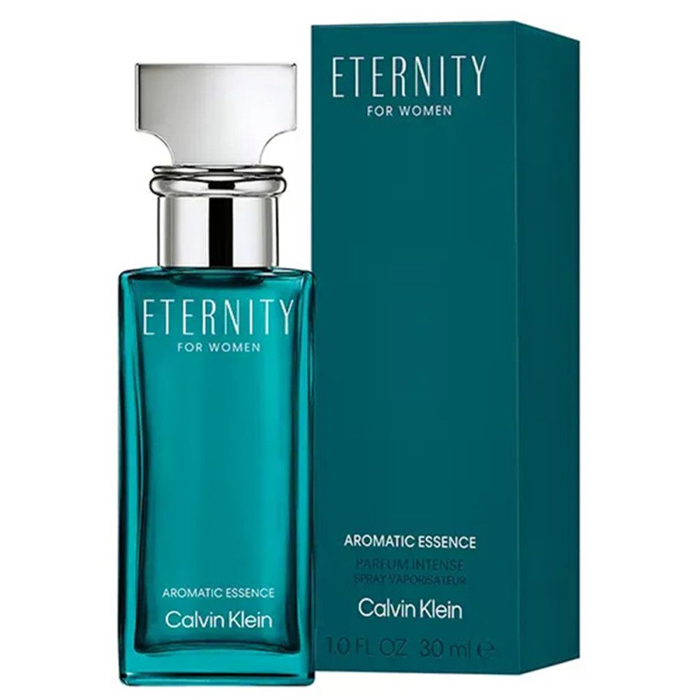 Türkisgrüner Flakon und Schachtel. Schriftzug: Eternity for Women, Aromatic Essence, Calvin Klein. Auf der Schachtel: Spray Vaporisateur.