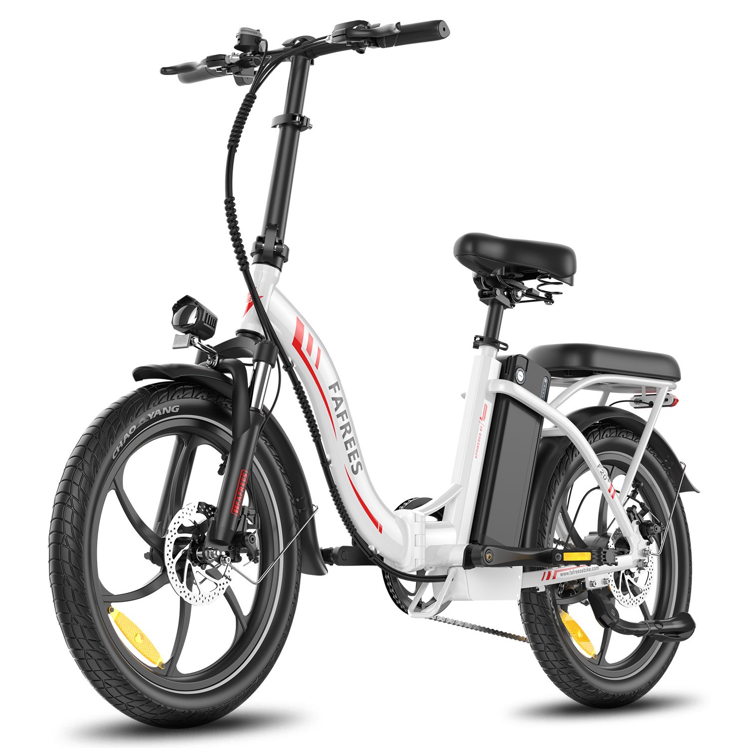 Faltbares E-Bike, weiß mit roten Akzenten. Schwarze Reifen, Sattel und Lenker. Marke FAFREES.